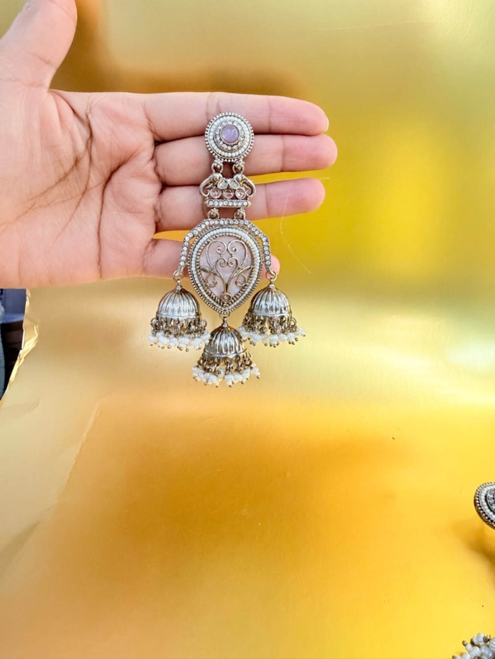 Statement Jhumka Earrings in Light Pink and Gold - Elegant Bridal Style - Picture 3 of 3